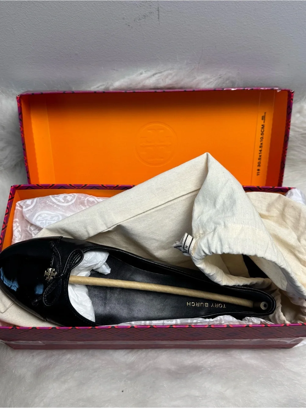 Tory Burch Patent Leather Cap Toe Bow Ballet Flats in Perfect Black 7.5
